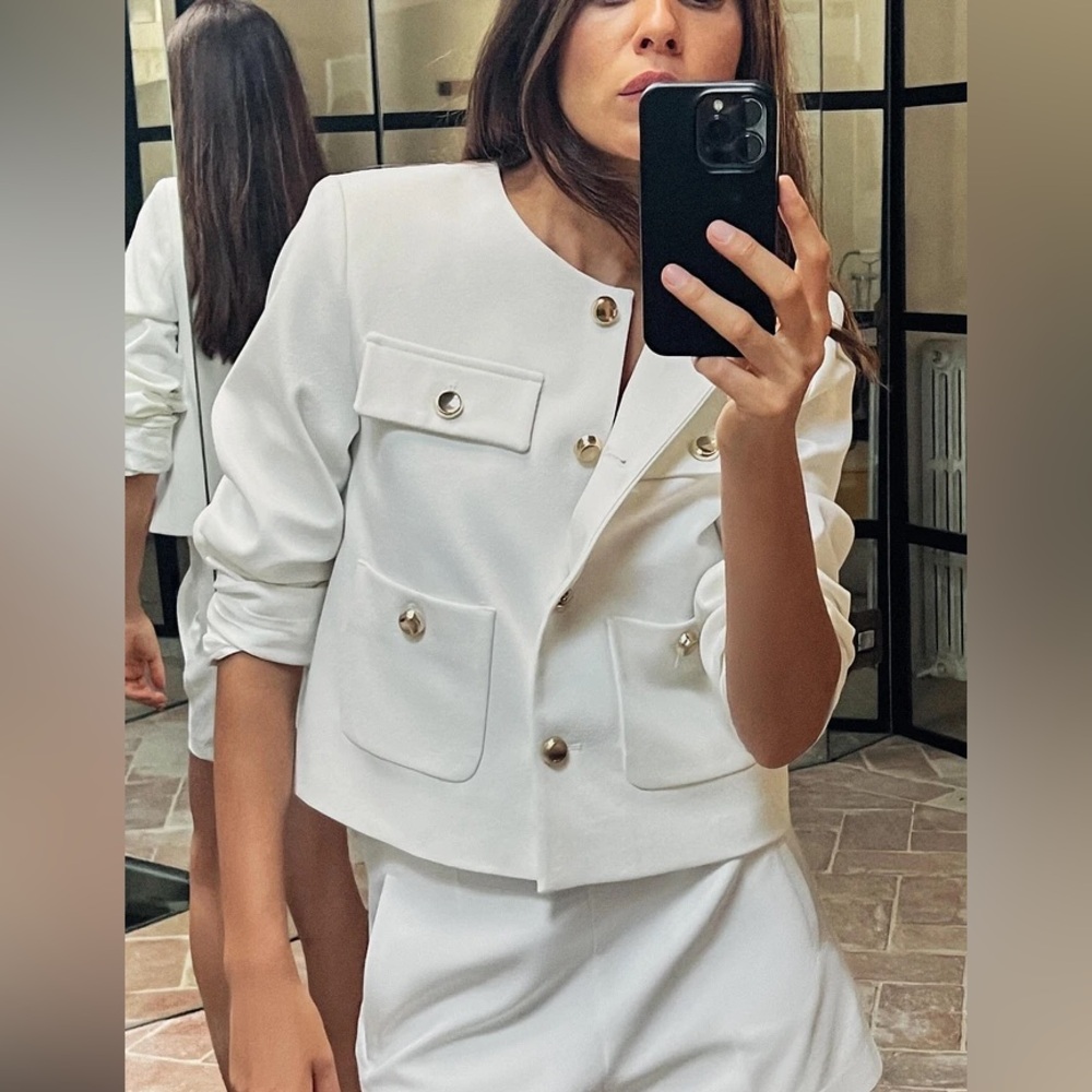 Zara blazer jacket white golden buttons office suit coat business casual